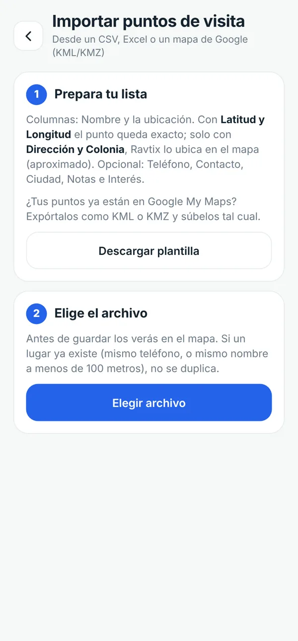 Pantalla de Ravtix para importar puntos de visita desde CSV, Excel o Google My Maps